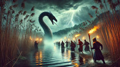 استحضار درامي: يتفرق القرويون بينما يلتف تارانتاسيو على طول الشاطئ المحاط بالقصب.