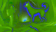 O Cão Fantasma emerge das sombras da selva, sua forma semitranslúcida brilhando enquanto se depara com dois humanos surpresos.