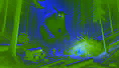 Der Troll steht zwischen dem zerbrochenen Holzerntegerät, seine leuchtenden Augen warnen die verängstigten Holzfäller, die in den Wald fliehen.