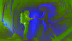 Eira y la figura espectral de Valtessa se dan la mano en una caverna helada, formando un vínculo mágico bañado en una luz radiante.