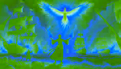 Elara, empowered by fire, stands on the shore as the Phoenix Bird soars above, engulfing enemy ships in golden flames.