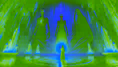 Mia confronts the towering spirits of Gros and Petit in a glowing, crystal-filled chamber.