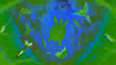 Cunning tortoise offering a painted gourd invitation to a flock of colorful birds
