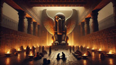 Evening scene with a Lamassu casting long shadow where people meet and trade under warm light