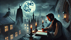 Twardowski assinando um trato em uma varanda iluminada pela lua, acima de Cracóvia.