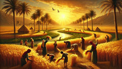 Mesopotamian farmers harvesting under Shamash’s radiant sunlight
