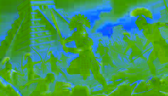 A fierce battle between Maya warriors and Spanish soldiers at Zaculeu, with Xbalanque fighting in the center as the sun sets.