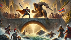 Sasuntsi Davit topples a giant enemy into a river during a heroic duel on a stone bridge.