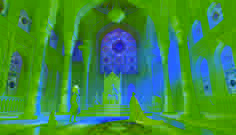 Rustam Khan se sienta en un trono ornamentado en una majestuosa sala del palacio, con el Djinn a su lado como guardián.