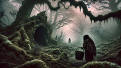 Imbunche lurking near his cave in a fog-shrouded Chiloé forest as a child approaches.