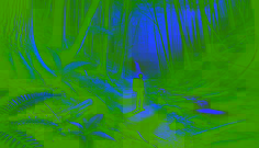 Traveler on a mossy forest trail, sunlight filtering through dense trees