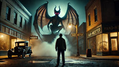 A glowing creature perches atop a hardware store as a man gazes up in shock.