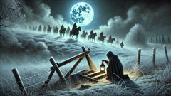 Frosted meadow where Lukas met the Wild Hunt leader near a lantern and a bag of salt