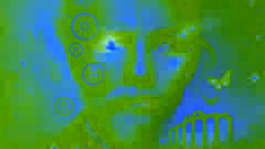 Reflexion vergangener und zukünftiger Gesichter, die in einem zeitlosen Sepia-Porträt übereinander liegen
