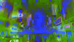 Distorted snowflakes of code falling against a neon skyline as VR users convulse
