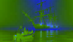 Un barco fantasma con velas desgastadas emerge de la niebla mientras una pequeña embarcación de investigación observa con asombro.
