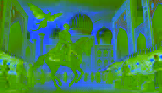 Rustam Khan monta su caballo negro por el bullicioso mercado de Samarcanda, con el Djinn flotando a su lado.