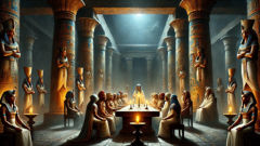 Seqenenre Tao realiza um conselho em uma sala iluminada por velas, junto com sacerdotes, generais e a rainha Ahhotep.