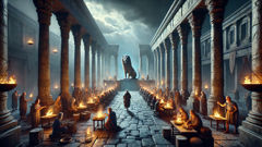 Des foules se rassemblent dans la cour du temple élamite pour chercher la sagesse auprès de la Guenol Lionne.
