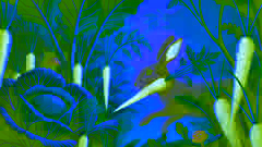 Peter Rabbit dashing between rows of carrot plants in Mr. McGregor’s garden