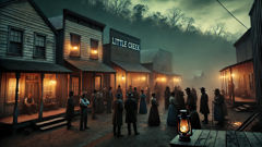 Worried townsfolk gather in Little Creek's square as dusk falls
