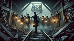 Armed townspeople approach an old coal mine as glowing eyes peer from within.
