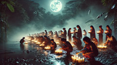 Costa Rican villagers lighting candles on riverbank for La Tulevieja