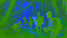 Un equipo de cuatro exploradores avanzando a través de la densa selva, liderado por Daniel, quien sostiene un viejo mapa, mientras Miguel abre camino cortando las enredaderas.