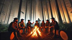 Lumberjacks gathered around a campfire at night, shadows flickering, telling Hodag tales.