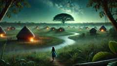 A Guarani village at night near the river, under the stars, with a girl walking toward tall grass.