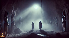 Shadowed underworld descent as Enlil follows Ninlil, moonlight a thin promise