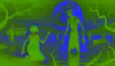 Juma, transformed and eerie, stands knee-deep in Lake Victoria at midnight, glowing eyes staring as Achieng’ reaches out in desperation.