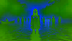 A woman in a trance stands knee-deep in the Orinoco River at dawn, as eerie green lights flicker above the water.