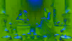 Eine junge Frau sitzt traurig auf einem steinernen Thron in einem Unterwasserpalast, umgeben von glühenden Porzellankappen, die gefangene Seelen enthalten.
