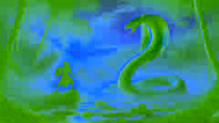Handyong confronts Oryol, the serpent goddess, along a misty riverbank at dawn.
