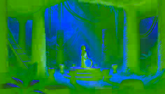 Awa entdeckt auf einem steinernen Altar in einem heiligen Waldhain ein leuchtendes Tamburin, das von sanftem grünem Licht erhellt wird.