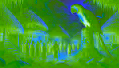 A hidden village in the Dominica rainforest, with lantern-lit huts and a giant Sisserou parrot on a carved stone pillar.