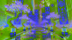 Metallische Kirschblüten, die über einem stillen Ratssaal unter Neonhimmeln leuchten