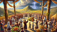 Festival de la cosecha de Ugarit en el templo de Baal mientras nubes de tormenta se reúnen en el cielo.