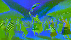 Los aldeanos se regocijan bajo la lluvia mientras Tupan levanta la Pluma del Arcoíris en alto; sus coloridos atuendos se empapan mientras bailan de alegría.