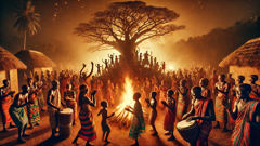 Villagers celebrate around a bonfire at night, united after overcoming darkness.
