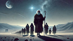 Hayk leading Armenian families from Babylon under moonlight