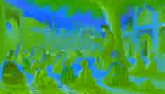 An elder tells the pilaf thief story in a village square, with children playing nearby and villagers listening under a tree.