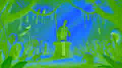 Maadun standing proudly on a clearing stage addressing forest creatures under dappled sunlight