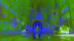 Sherlock Holmes entrant dans une ville futuriste canadienne couverte de neige au crépuscule