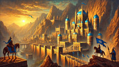 Aratta’s palace atop mountain peaks, shining with lapis and gold, guarded by sentinels