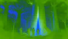 Ein riesiger Baobab-Baum mit einem glühenden Riss in seinem Stamm; drei Entdecker stehen davor und sind fasziniert von dem Licht darin.