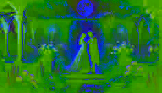Una noble y un soldado comparten un momento en los jardines iluminados por la luna del Castillo de Houska, rodeados de niebla.