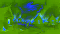 Caos mientras los aldeanos huyen de las chozas en llamas bajo un cielo oscuro iluminado por un fuego voraz.