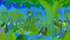 Qadi Yusuf sits in a courtyard under a tree, surrounded by villagers presenting their case in traditional Uzbek clothing.